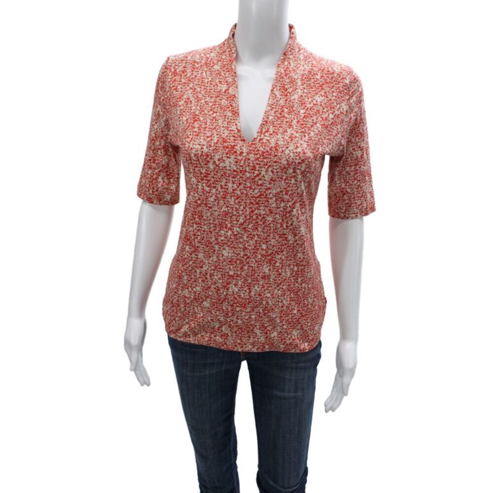Akris Women V-Neck Jersey Blouse Short Sleeve Red Geometric Cotton Size 12